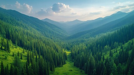 Serene Mountain Valley: Lush Green Coniferous Forest in a Peaceful Landscape