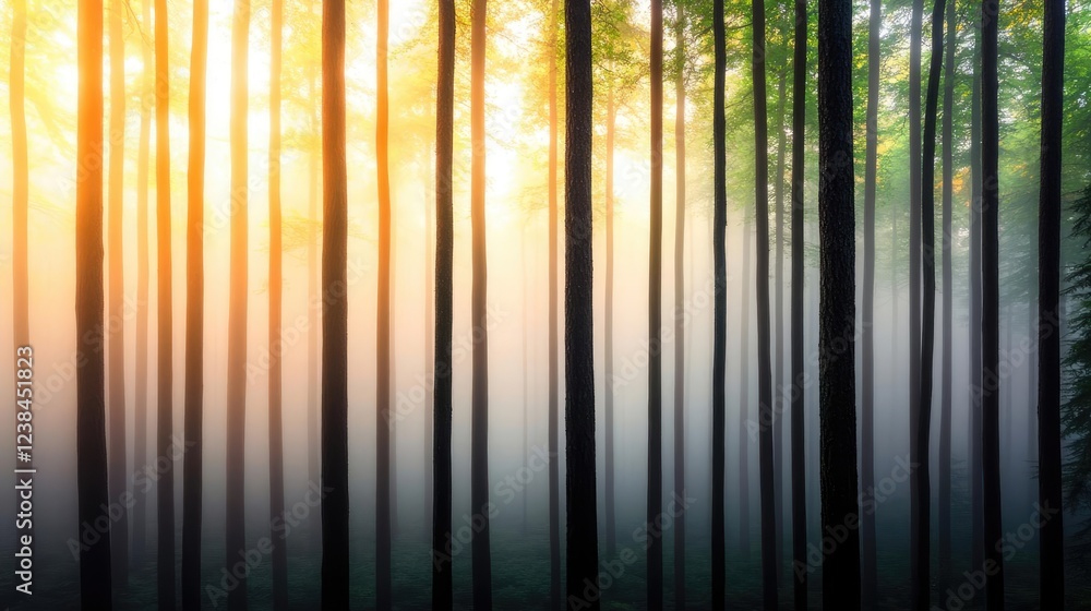 Aufkleber misty forest nature idea. sunlight filters through a misty forest, creating a serene and tranquil at