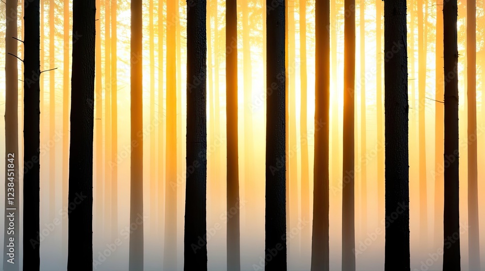 Poster Misty forest nature idea. Serene forest view with tall trees and soft sunlight filtering through the branches.