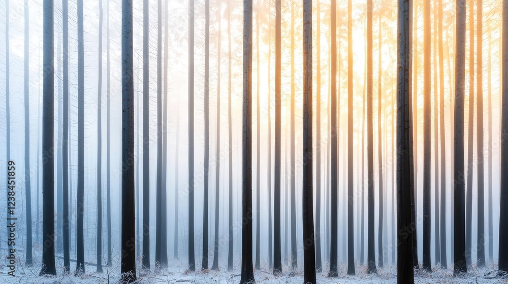 Poster misty forest nature idea. misty forest at sunrise with tall trees creating a serene and tranquil atm