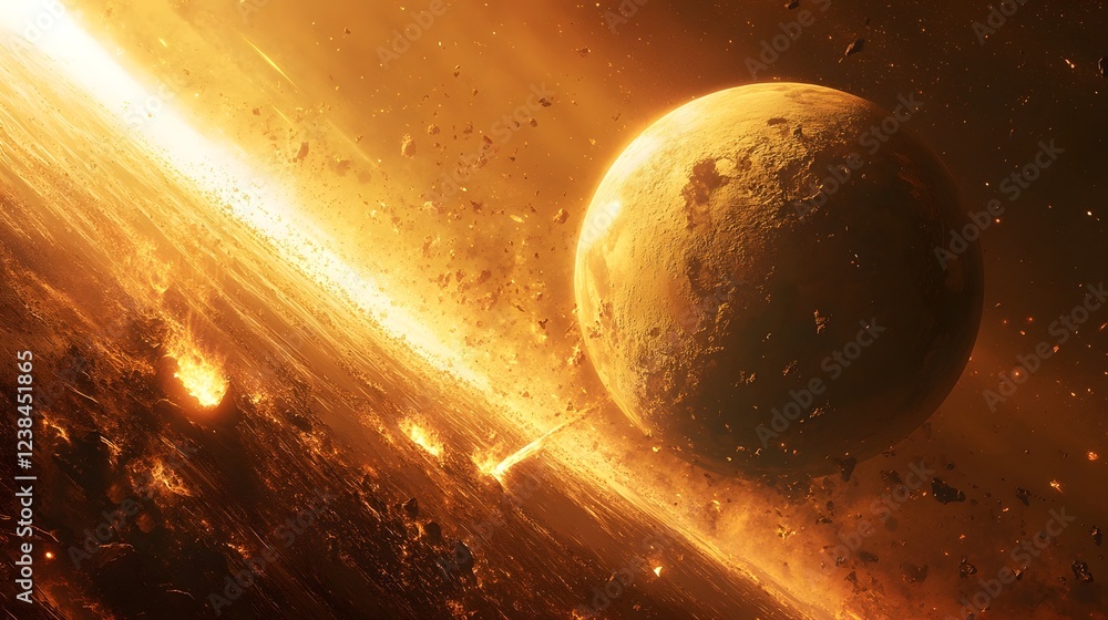 Aufkleber dramatic scene of a spectacular cosmic collision of celestial bodies such as planets meteors and com
