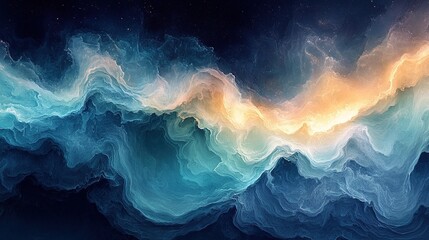 Abstract cloud-like form, blue and golden, flowing horizontally in a dark space