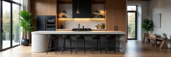 Concrete countertops, black metal accents, wood flooring, industrial design, small space