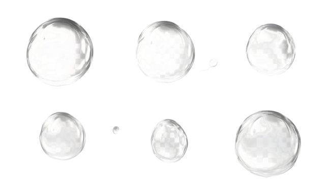 Transparent glass spheres floating on a clean minimalist surface creating a reflective and composition  The clear glossy orbs appear to be filled with liquid