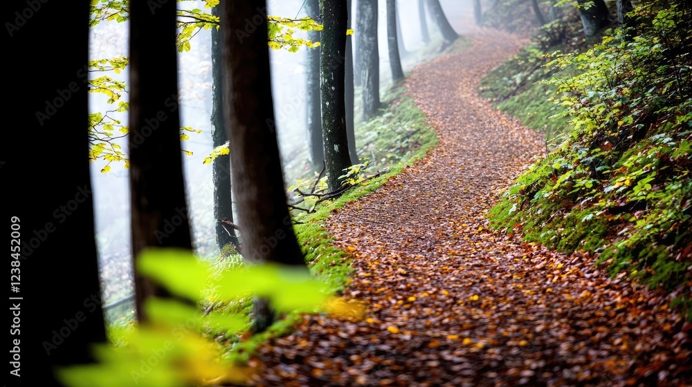 Aufkleber misty forest nature idea. serene forest path covered with autumn leaves, surrounded by fog and lush 