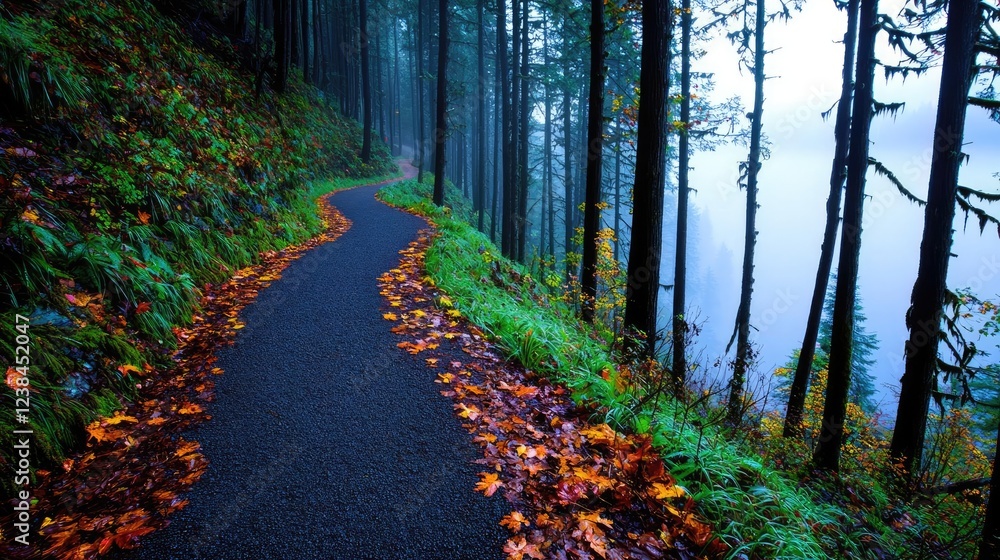 Poster misty forest nature idea. a misty forest path lined with colorful autumn leaves and towering trees.
