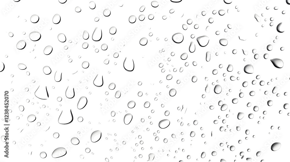 Leinwandbilder Transparent water droplets forming intricate abstract patterns and reflections on a smooth minimalist surface  The delicate spherical droplets create a mesmerizing serene