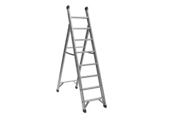 Silver metal ladder, isolated on white background, front angled view, no depth of field, sharp.