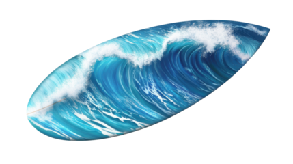 Surfboard showing ocean wave painting on transparent background