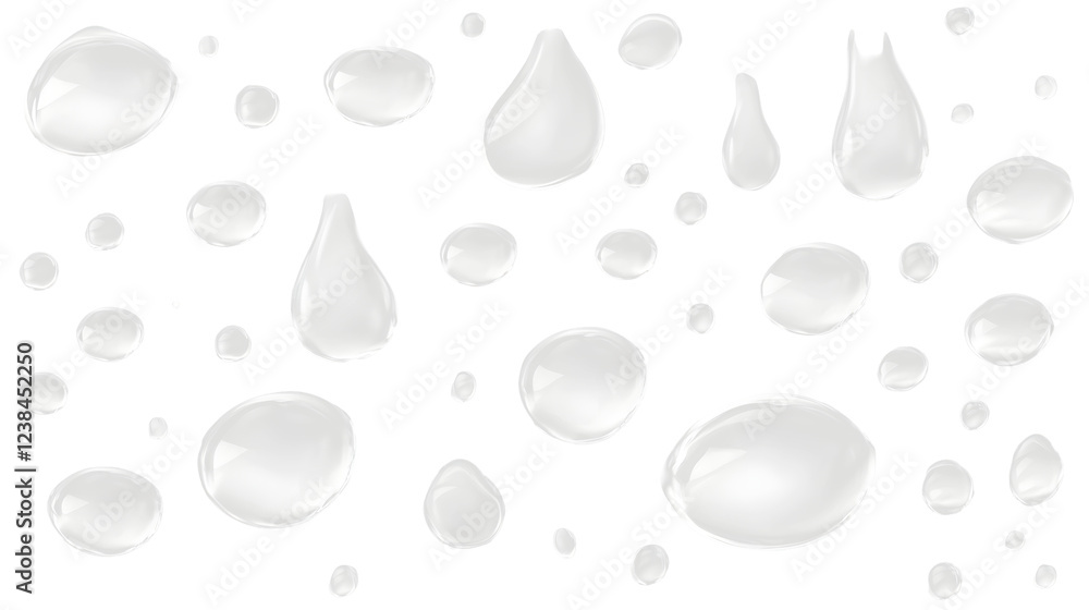 Poster Transparent water droplets with light reflections falling and splashing on a smooth glass surface creating an abstract minimalist and background  The image has a clean
