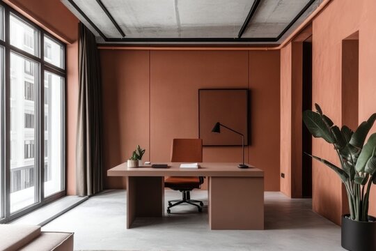 Muted office space highlighted with terracotta accents creates a minimalist vibe
