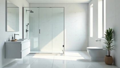Fototapeta premium Sleek minimalist shower, frameless glass, white tiles, marble, monochrome, grey
