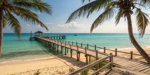 Serene tropical beach scene with wooden walkway extending to tranquil turquoise ocean under a sunny sky