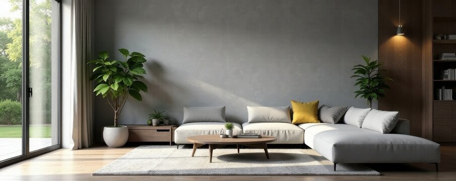 Sleek grey wall, modern living space with natural elements, living room, natural light, house