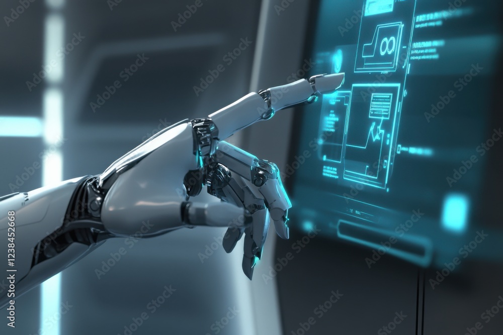 Poster robotic hand engages with interactive holographic interface showcasing data