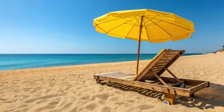Sunny beach relaxation a wooden lounge chair awaits under a vibrant yellow umbrella, overlooking the tranquil ocean