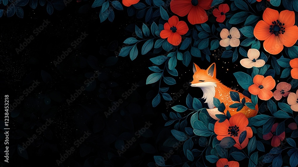 Poster a fox in a flowery setting against a dark backdrop with room for text on the left, optimized to 31 t