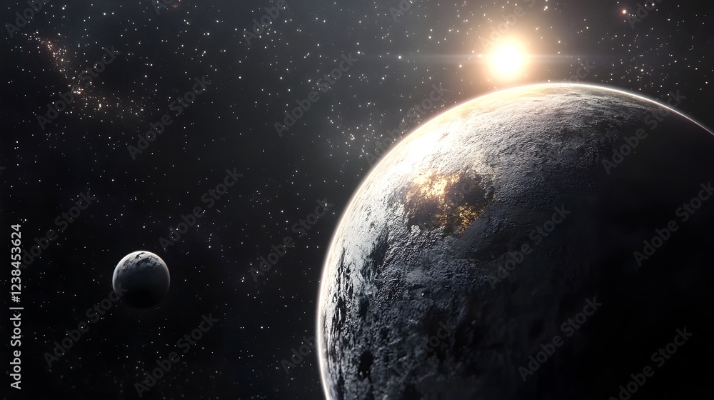 Poster majestic celestial landscape featuring a glowing planet and luminous moon set against a backdrop of 