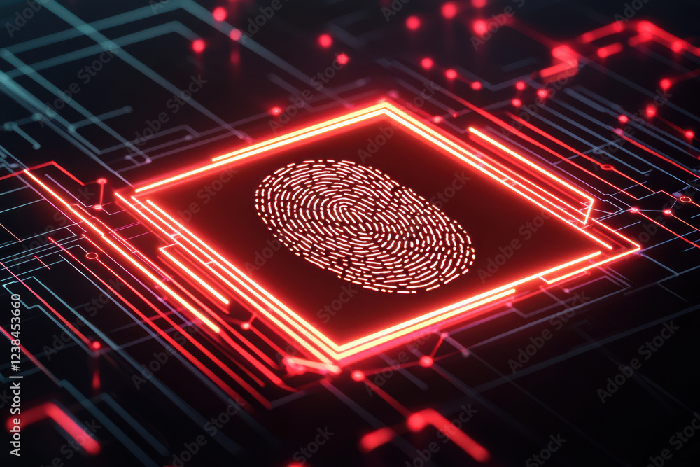 Poster futuristic fingerprint scanner on a circuit board with a red glow.