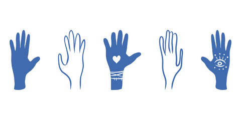 Blue magical hands set. Heart and eye. Esoteric and mystical design elements
