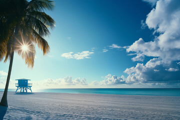 Vibrant coastal scene shows bright blue lifeguard tower under clear cloud-streaked sky. Sun shine throw Palm trees on sandy beach, ocean waves meet shore, shot evokes calm, tropical beauty, sunlit day
