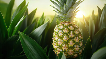 Fototapeta premium Fresh pineapple surrounded by lush green leaves in a vibrant natural setting.