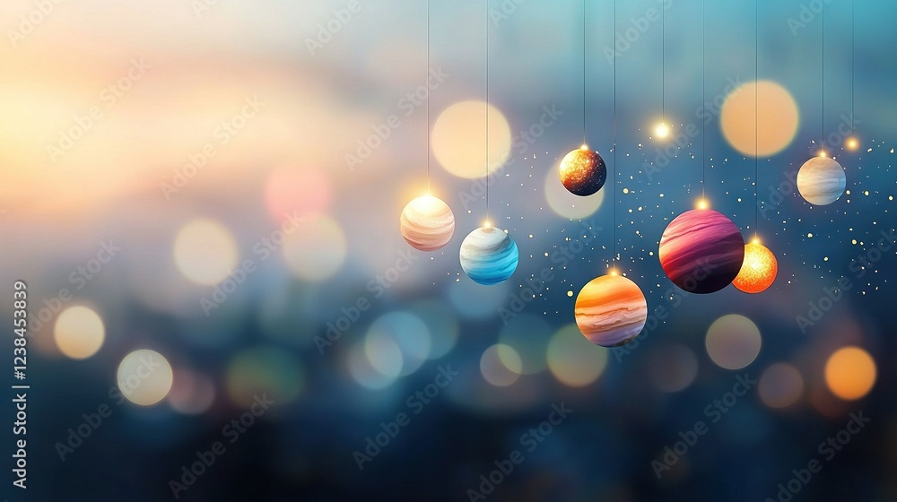 Poster a cluster of celestial bodies suspended in the heavens with a beacon of radiance emanating from one 