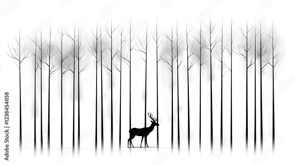 Poster a monochrome photograph of a deer in front of a row of leafless trees