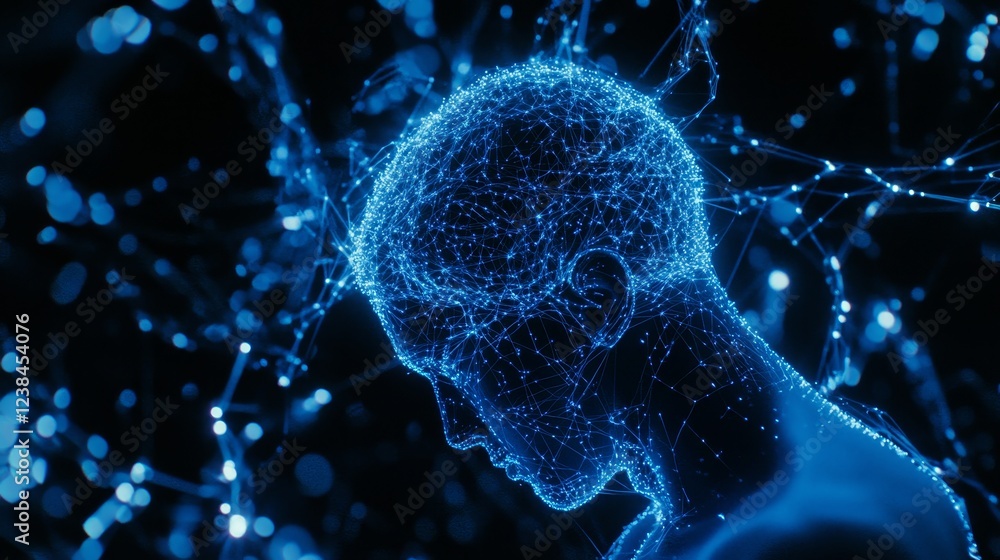 Poster human brain network, digital rendering. neural connections, cognitive processes concept.