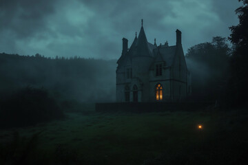 Fototapeta premium Eerie Abandoned Victorian Mansion Draped in Ivy Under Misty Skies