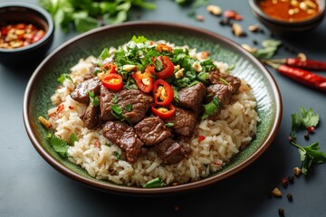 Fototapeta premium Spicy Beef Rice Bowl, Cilantro Garnish