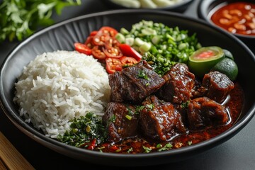 Fototapeta premium Spicy beef stew with rice, herbs, delicious meal