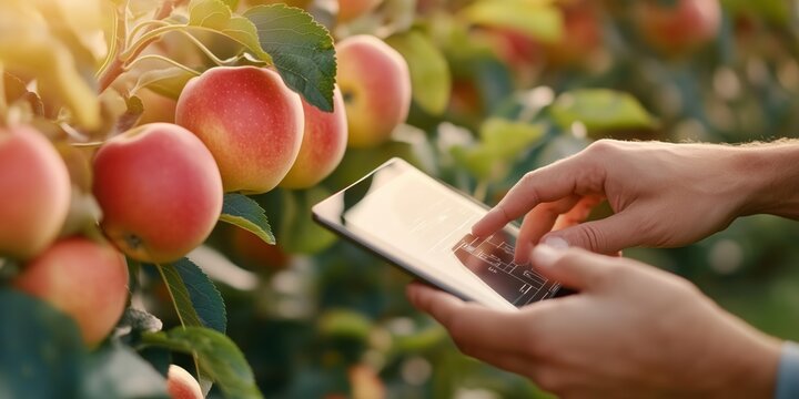 Close up of farmer's hands using a tablet in an apple orchard, analyzing data and implementing smart farming techniques for efficient orchard management and improved apple production - Powered by Adobe