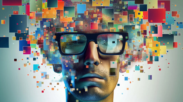 A retro-styled vector illustration of a woman's face wearing sunglasses against an abstract background - Powered by Adobe