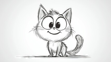   A monochromatic illustration of a grinning feline perched on the ground