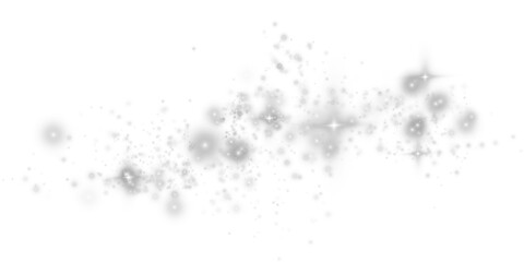 White sparks of dust and white stars shine with special light. Christmas light effect. White sparkling particles of magic dust. PNG.
