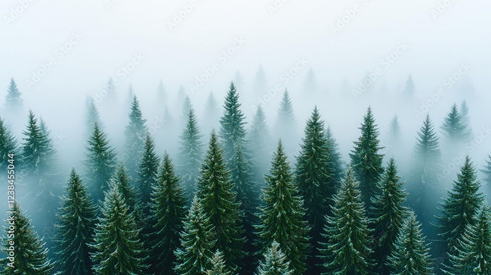 Aufkleber misty forest nature idea. lush green coniferous trees shrouded in mist create a serene and tranquil 