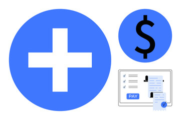 Obraz premium Medical cross, dollar sign, and digital invoice screen with pay button. Ideal for healthcare costs, medical billing, financial planning, online payments, insurance, financial literacy budgeting
