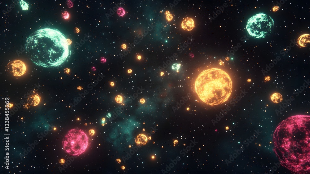 Poster mesmerizing cosmic swirls vibrant interstellar orbs and glowing nebulae dance in a captivating ether