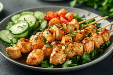 Fototapeta premium Grilled chicken skewers, salad, lunch