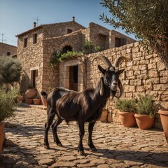 Girgentana Goat Near a Rustic Stone Wall. 
