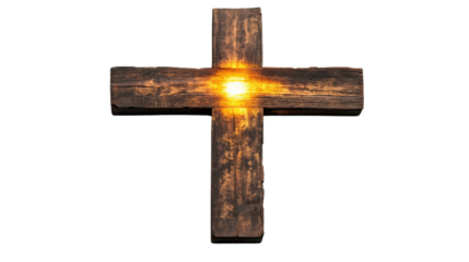 Glowing wooden christian cross on transparent background
