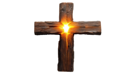 Glowing wooden christian cross on transparent background