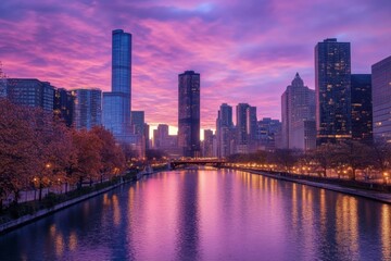 Naklejka premium Serene Urban Skyline at Dawn with Pastel Skies