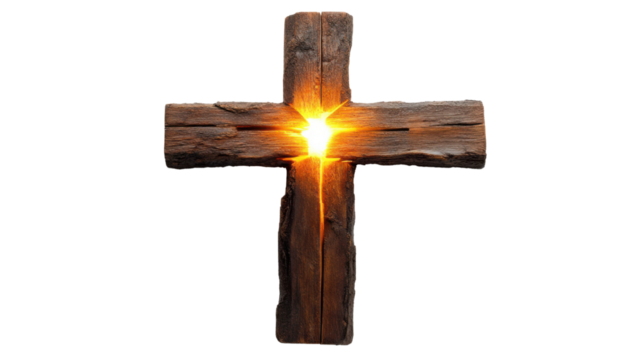 Glowing wooden christian cross on transparent background - Powered by Adobe
