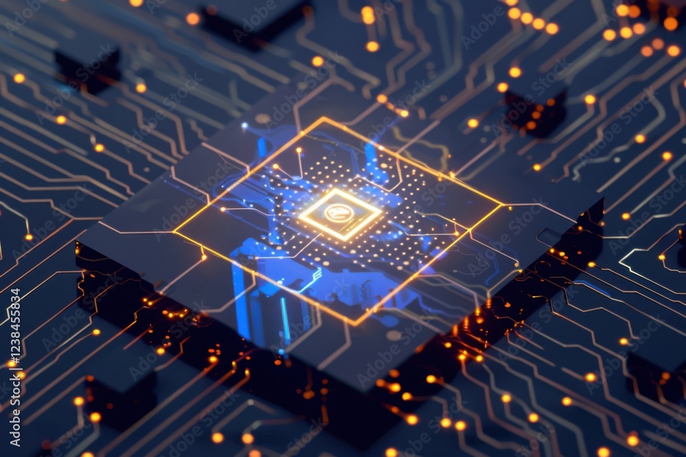 Poster glowing ai chip surrounded by complex circuits in a cyberpunk environment
