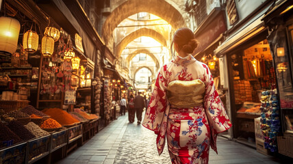 Obraz premium イスタンブールのグランドバザールで異文化を楽しむ着物女性