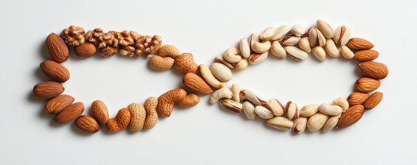 Obraz premium creative composition of mixed nuts forming infinity symbol, showcasing variety of textures and colors. This arrangement highlights beauty and diversity of nuts