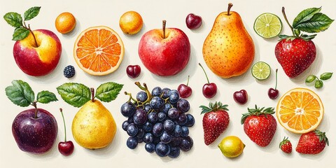 Variety of fresh fruits including peaches, apples, oranges, grapes, strawberries, limes, pears, and cherries isolated on a white pastel background.