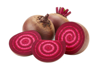 Fresh beetroot, whole and halved, with vivid red inner rings, isolated on white background